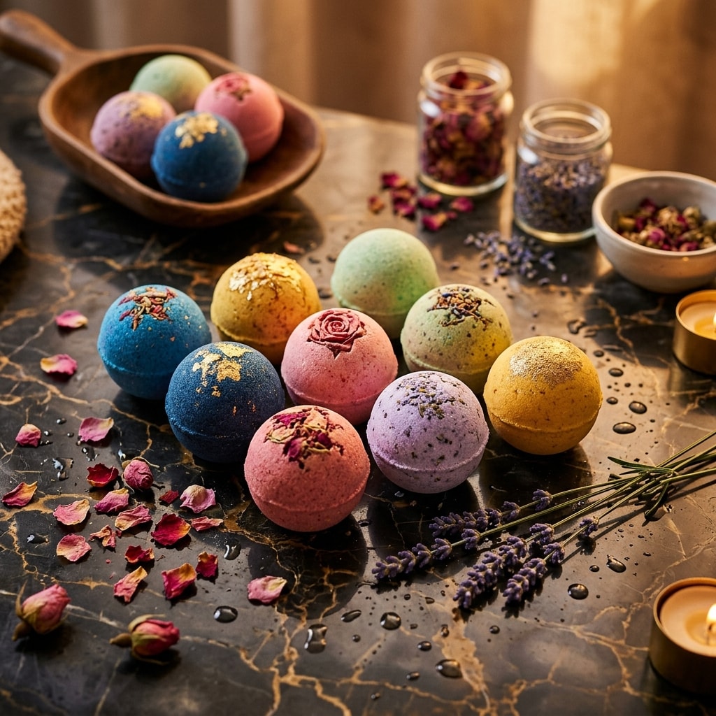 Premium bath bombs arranged on marble